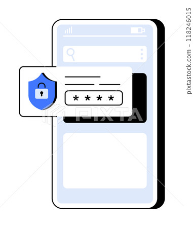 A smartphone displaying a lock icon shield with password input for enhanced digital security. Ideal for cybersecurity, data protection, mobile apps, user authentication, technology. Minimalist, modern A smartphone displaying a lock icon shield with password input for enhanced digital security. Ideal for cybersecurity, data protection, mobile apps, user authentication, technology. Minimalist, modern 118246015