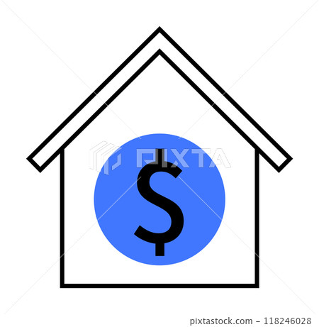 Black and white outlined house containing a blue circle with a dollar sign, symbolizing money and finance. Ideal for real estate, home economics, financial planning, mortgage loans, housing investment Black and white outlined house containing a blue circle with a dollar sign, symbolizing money and finance. Ideal for real estate, home economics, financial planning, mortgage loans, housing investment 118246028