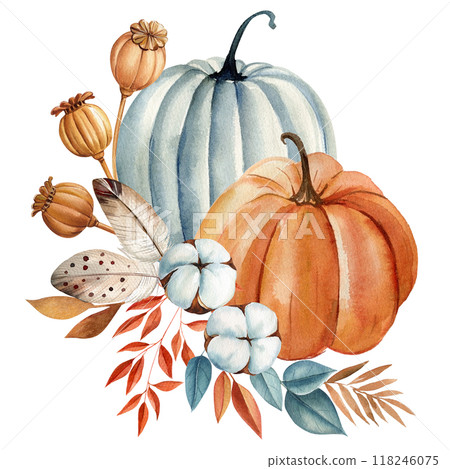 Pumpkins and leaves, Autumn floral clipart, Halloween element, fall watercolor illustration isolated on white background 118246075