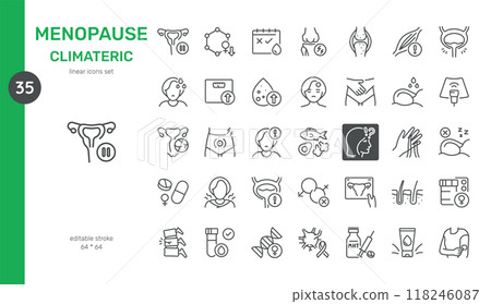 Menopause and Climacteric Icon Set. Line Symbols of Menopause Symptoms, Hormonal Changes, Bone Health, and Treatment Options. Includes Hot Flashes, Weight Gain, Supplements, and Hormone Therapy. 118246087