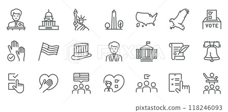 U.S. Presidential Elections Icon Set. Symbols of Voting, Democracy, Government, Liberty, and Elections. Includes Capitol, Statue of Liberty, Voting Ballot, American Flag, and Candidate Portraits. 118246093