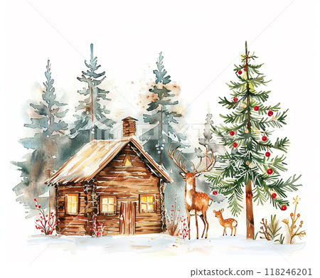 A cabin in the woods with a deer and a couple of other deer in the background. The cabin is surrounded by trees and snow 118246201