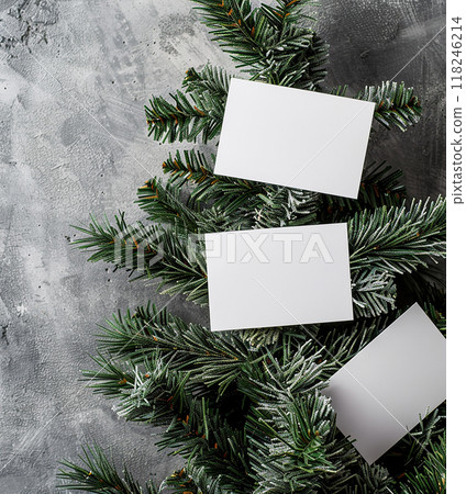 Mockup Three white cards are hanging from a Christmas tree. The cards are empty and have no writing on them. The tree is decorated with snow and pine needles 118246214