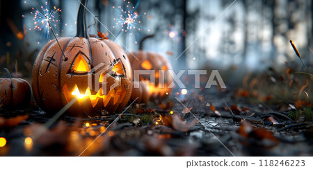 A group of pumpkins with one of them having a smile on its face. The scene is set in a forest with a dark background 118246223