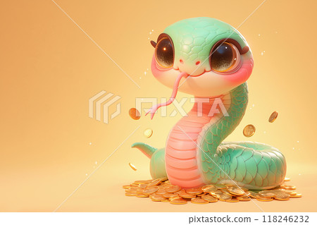 2025 cartoon 3D snake. The snake is sitting on a pile of gold coins 118246232