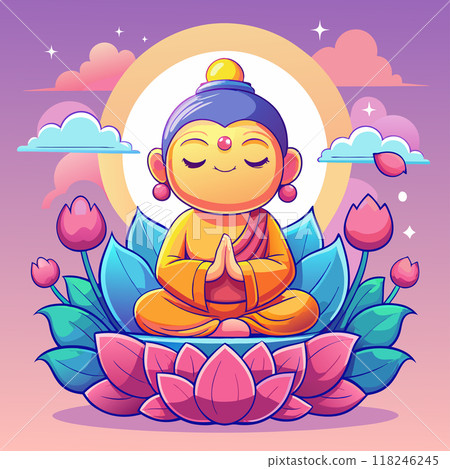 A cartoon of a Buddha boy sitting on a lotus flower. The boy is smiling and he is in a peaceful and calm state A cartoon of a Buddha boy sitting on a lotus flower. The boy is smiling and he is in a peaceful and calm state 118246245
