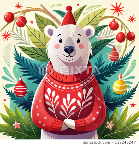 A polar bear is wearing a red sweater and a Santa hat. The bear is standing in front of a Christmas tree and a Christmas light display 118246247
