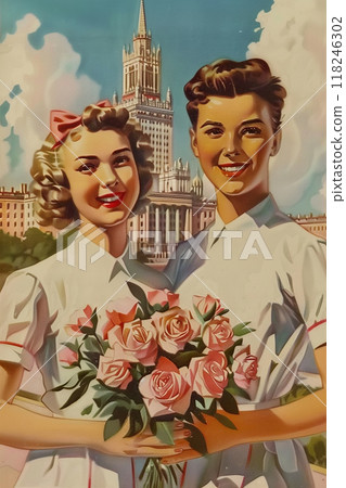 Two young girl and boy are holding a bouquet of flowers and smiling. Russian Soviet style Two young girl and boy are holding a bouquet of flowers and smiling. Russian Soviet style 118246302