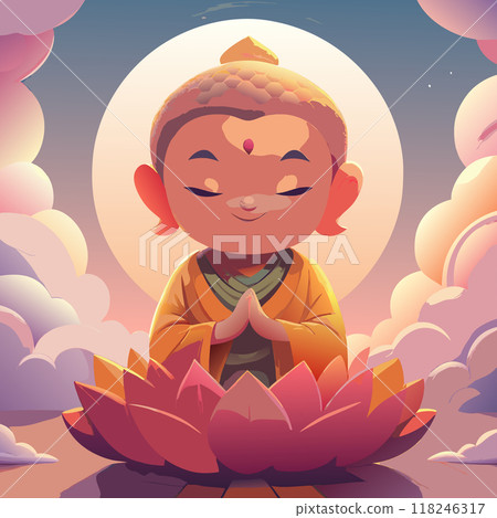 A cartoon of a Buddha boy sitting on a lotus flower. The boy is smiling and he is in a peaceful and calm state A cartoon of a Buddha boy sitting on a lotus flower. The boy is smiling and he is in a peaceful and calm state 118246317