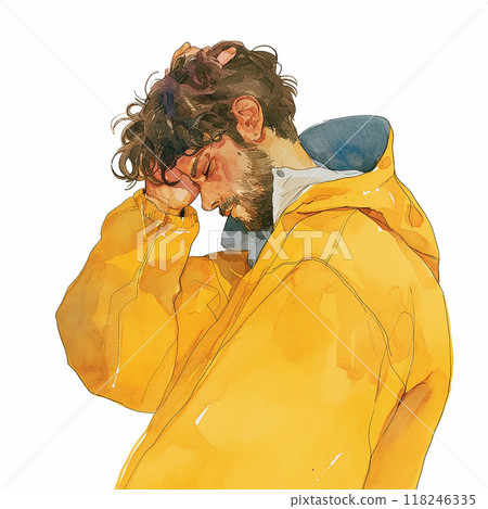 A man in a yellow jacket is looking down and appears to be in a state of distress. The painting is a watercolor of a man in a yellow jacket, with his head tilted and his hands on his face A man in a yellow jacket is looking down and appears to be in a state of distress. The painting is a watercolor of a man in a yellow jacket, with his head tilted and his hands on his face 118246335