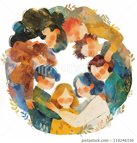 A group of people are hugging each other in a circle. Scene is warm and loving 118246336