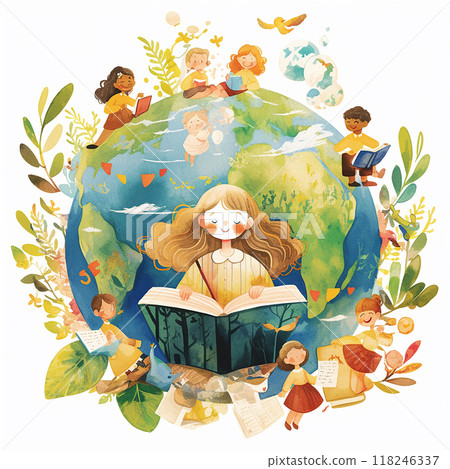 A girl is reading a book on a globe. The globe is surrounded by many children and adults. Scene is happy and educational A girl is reading a book on a globe. The globe is surrounded by many children and adults. Scene is happy and educational 118246337