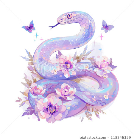 A purple snake with flowers on its body is smiling. The snake is surrounded by a lot of flowers, which gives the image a cheerful and playful mood A purple snake with flowers on its body is smiling. The snake is surrounded by a lot of flowers, which gives the image a cheerful and playful mood 118246339