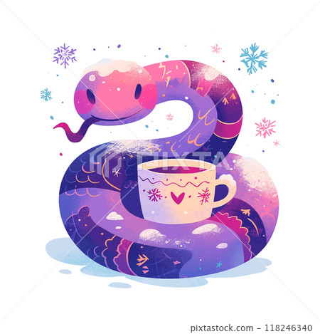A snake is curled up next to a cup of coffee. The snake is smiling and he is enjoying the warmth of the coffee A snake is curled up next to a cup of coffee. The snake is smiling and he is enjoying the warmth of the coffee 118246340