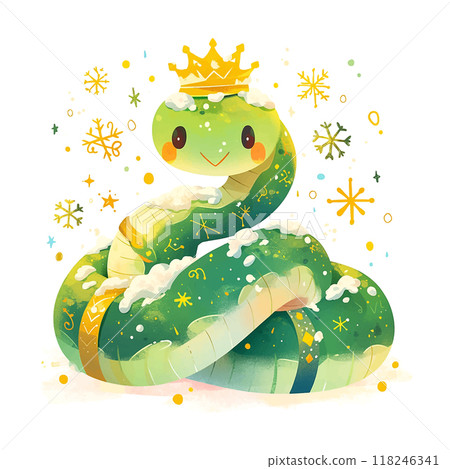 A green snake with a crown on its head is sleeping. The snake is surrounded by stars and leaves A green snake with a crown on its head is sleeping. The snake is surrounded by stars and leaves 118246341