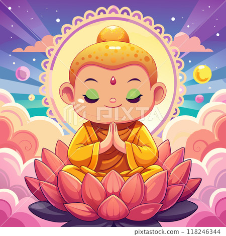 A cartoon of a Buddha boy sitting on a lotus flower. The boy is smiling and he is in a peaceful and calm state 118246344