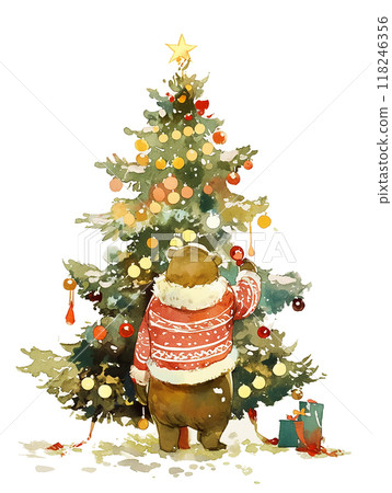 A bear is standing next to a Christmas tree and is wearing a red sweater. The bear is holding a bell in its paw A bear is standing next to a Christmas tree and is wearing a red sweater. The bear is holding a bell in its paw 118246356