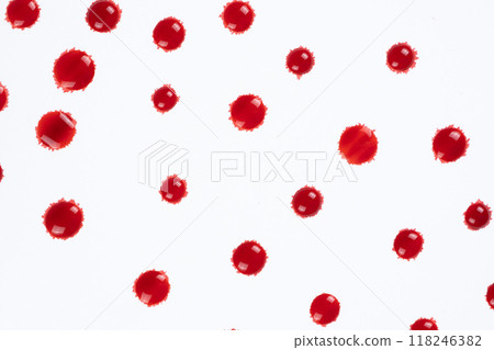 Abstract red and white background. Drops of red paint top view 118246382
