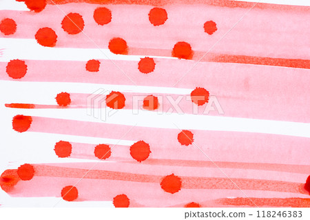 Abstract red background. Drops and smears of red paint top view 118246383
