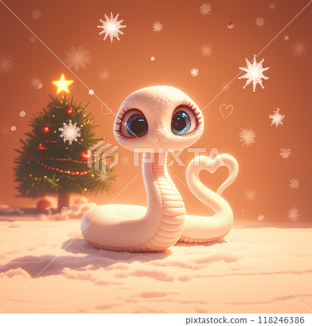 2025 A white snake with blue eyes is sitting in front of a Christmas tree. The snake is smiling and holding a heart 118246386