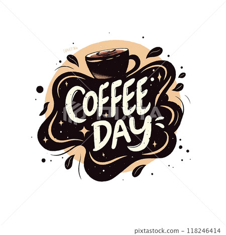 Coffee day is a fun and creative way to promote coffee. The design is colorful and playful, with a round shape that draws the eye. The text is bold and stands out against the background. Overall 118246414