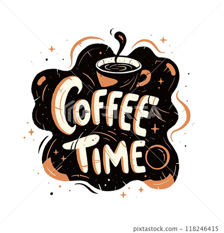 Coffee time is a coffee shop logo. It has a cup and a coffee mug on it. The logo is black and white 118246415