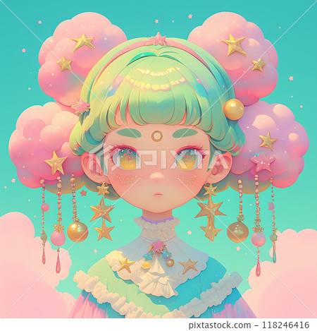 zodiac sign Virgo cartoon girl with green and pink hair and green and yellow stars on her head. She is wearing a green sweater and has a star on her sweater 118246416