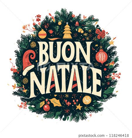 A colorful Christmas card with a wreath and a star in the center. The text reads "Buon Natale" in bold letters A colorful Christmas card with a wreath and a star in the center. The text reads "Buon Natale" in bold letters 118246418
