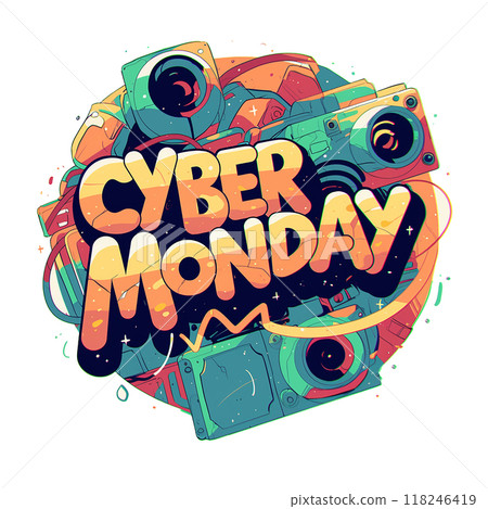 Cyber Monday is a day for online shopping. A futuristic design with bright colors and bold lettering. Scene is energetic and exciting, reflecting the idea of taking advantage of online deals 118246419