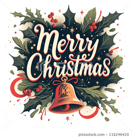 Merry Christmas is written in a fancy font on a wreath of evergreen leaves. The wreath is decorated with stars, berries, and other festive elements. Scene is joyful and celebratory 118246420
