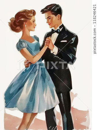 A man and woman are dancing in a blue dress. The man is wearing a black suit and tie. Scene is romantic and elegant A man and woman are dancing in a blue dress. The man is wearing a black suit and tie. Scene is romantic and elegant 118246421