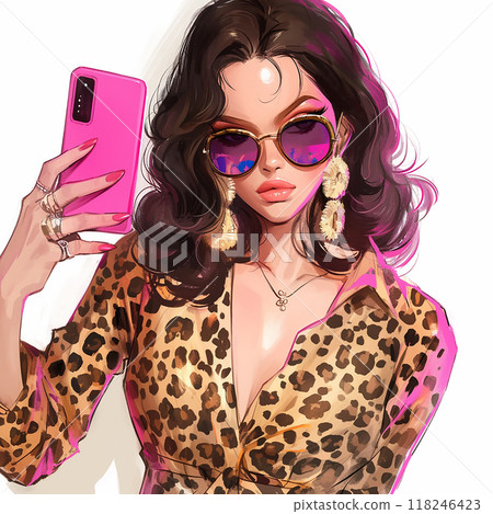 A woman with pink sunglasses and gold earrings is wearing a leopard print jacket. She is posing for a picture 118246423