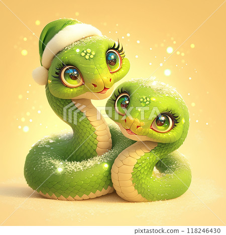 2025 Two green snakes wearing Santa hats are cuddling each other. The image has a festive and playful mood, as the snakes are dressed up in holiday attire 2025 Two green snakes wearing Santa hats are cuddling each other. The image has a festive and playful mood, as the snakes are dressed up in holiday attire 118246430
