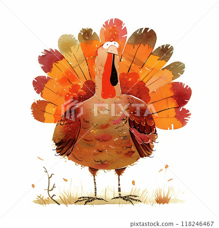 A cartoon turkey with a red beak and orange feathers. The turkey is standing in a field of grass 118246467