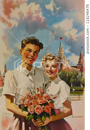 Two young girl and boy are holding a bouquet of flowers and smiling. Russian Soviet style Two young girl and boy are holding a bouquet of flowers and smiling. Russian Soviet style 118246476