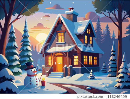 A cartoon drawing of a house with a snowman in front of it. The house is surrounded by trees and has a chimney. The snowman is holding a carrot and a stick. Scene is cozy and festive 118246499