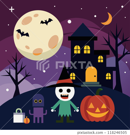 A Halloween scene with a castle, a witch, and bats. Scene is spooky and eerie A Halloween scene with a castle, a witch, and bats. Scene is spooky and eerie 118246505