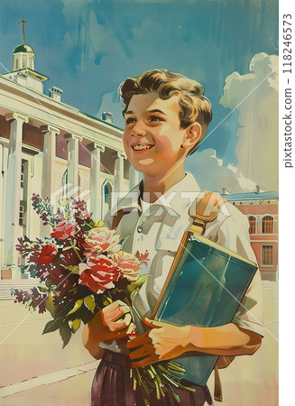 A young boy is holding a bouquet of flowers and a book. Soviet style A young boy is holding a bouquet of flowers and a book. Soviet style 118246573