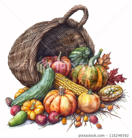 A basket full of vegetables and fruits including apples, squash, and corn. The basket is overflowing with produce, creating a sense of abundance and abundance 118246592