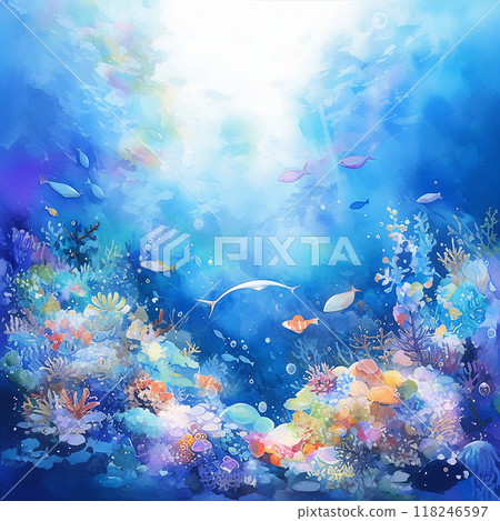A painting of a coral reef with a variety of fish swimming around. The mood of the painting is peaceful and serene, as the fish are swimming in the clear blue water 118246597