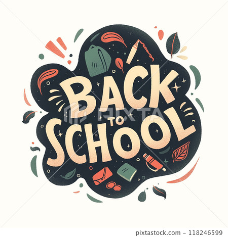 Back to school is a fun and colorful design that includes various items such as books, pencils, and backpacks. The design is playful and energetic, conveying a sense of excitement Back to school is a fun and colorful design that includes various items such as books, pencils, and backpacks. The design is playful and energetic, conveying a sense of excitement 118246599