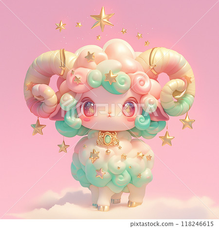 Zodiac sign aries cute cartoon ram with stars on its horns. The ram is sitting on a pink background Zodiac sign aries cute cartoon ram with stars on its horns. The ram is sitting on a pink background 118246615