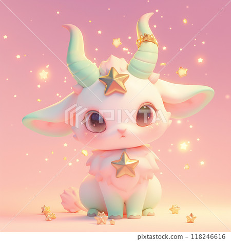 Zodiac sign Capricorn with horns and stars on its head sits on a pink background. 118246616