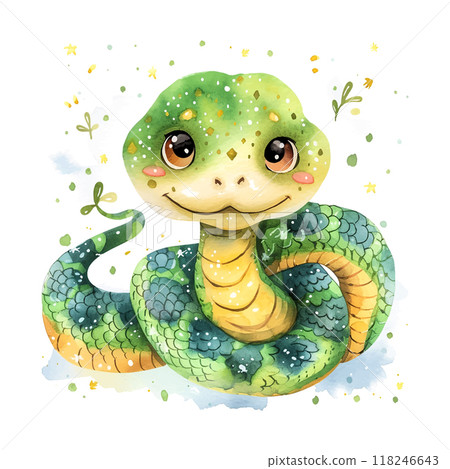 2025 A green and yellow snake with a smile on its face. The snake is sitting on a white background 118246643