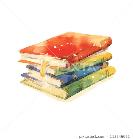 A stack of books with a red book on top. The books are in different colors and sizes A stack of books with a red book on top. The books are in different colors and sizes 118246651