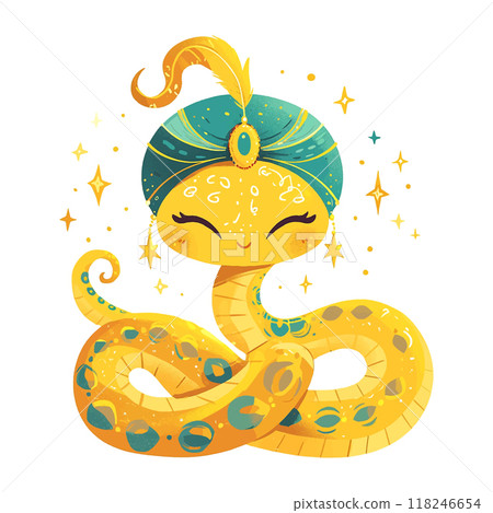2025 cartoon eastern oriental snake with a blue and green headdress and a yellow body. The snake is smiling and he is happy 118246654