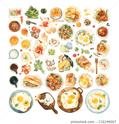 A watercolor set painting of a variety of foods, including pizza, eggs, and salad. The painting is full of vibrant colors and has a lively, appetizing feel to it 118246667