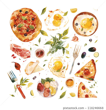 A watercolor set painting of a variety of foods, including pizza, eggs, and salad. The painting is full of vibrant colors and has a lively, appetizing feel to it 118246668