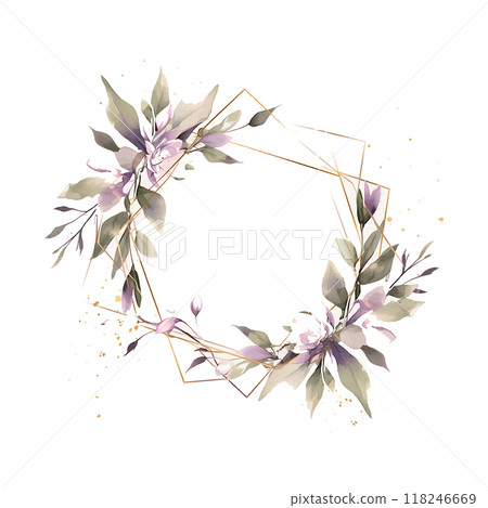 A flowery wedding design with a gold frame. The flowers are purple and green A flowery wedding design with a gold frame. The flowers are purple and green 118246669