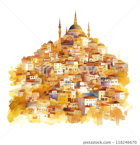 A painting of a city Istanbul with a large building in the background. The painting is in watercolor and has a warm, inviting feel A painting of a city Istanbul with a large building in the background. The painting is in watercolor and has a warm, inviting feel 118246670